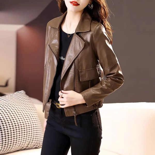 

0C Leather Patina Faux Leather Original Leather Changes Color Level 1-2-3 Women's Outerwear Lapel Motorcycle Leather Jacket