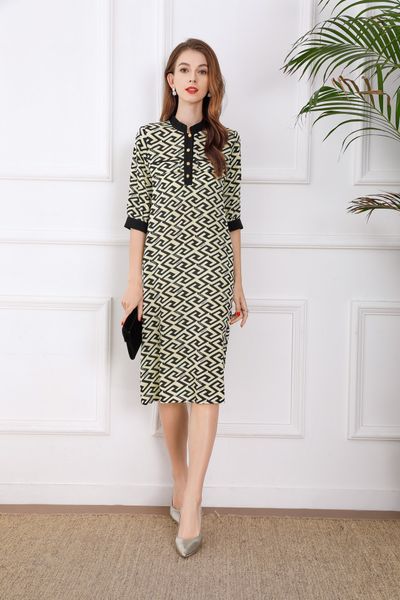 

womens dress short sleeve fold line printed silk midi dress, Black;gray