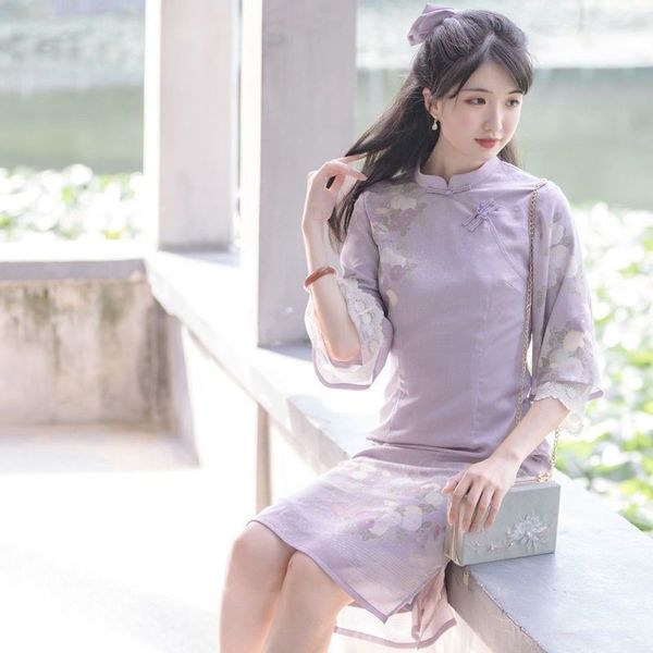 

cheongsam 2023 new summer girls' youth style high end dress white daily national style size s-2xl, Red