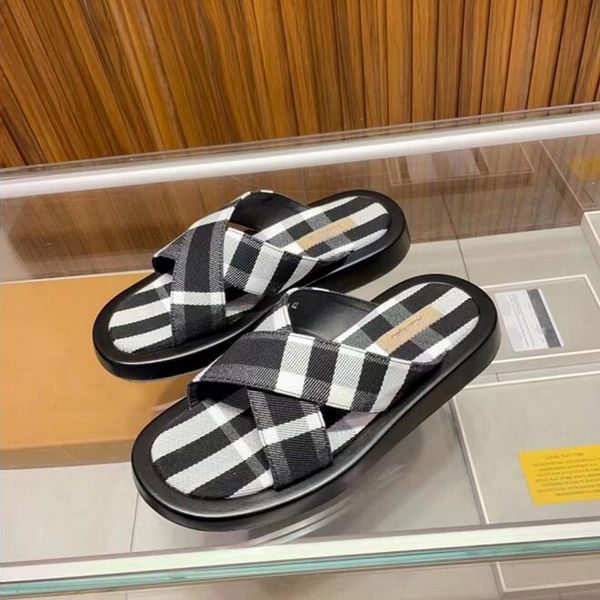 

fashion men vintage l slippers sandals famous onyx resin flats cross canvas striped double ankle front strap slides refined platform sliders, Black