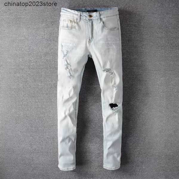 

men's jeans designer stack european purple jean men embroidery quilting ripped for trend brand vintage pant mens fold slim skinny fashi, Blue