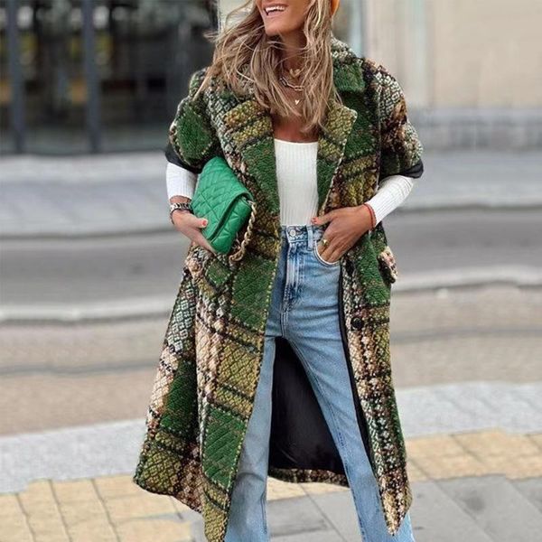 

fur vintage print wool coat women winter casual long sleeve lapel single breasted coats ladies fashion loose pocket jacket 2022 new, Black