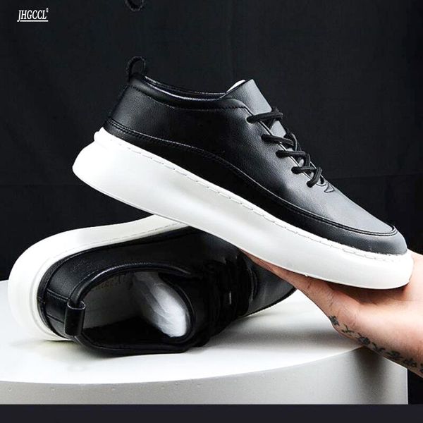 

soft sole small white shoes men's leather thick sole korean version of sports leisure board cowhide casual elastic shoes a7, Black