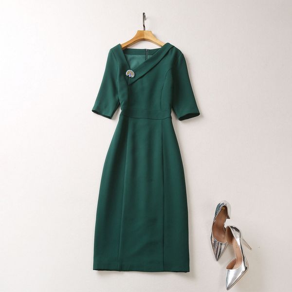 

casual dresses european and american women's clothes 2023 spring new five-quarter sleeve peacock brooch green fashion dress xxl, Black;gray
