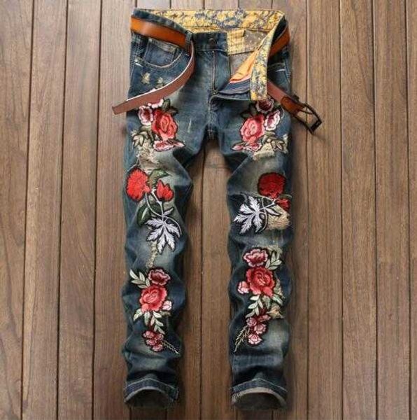 

tiger embroidery floral bird print design mens ripped jeans slim denim pencil pants hommes blue straight biker jean long trousers