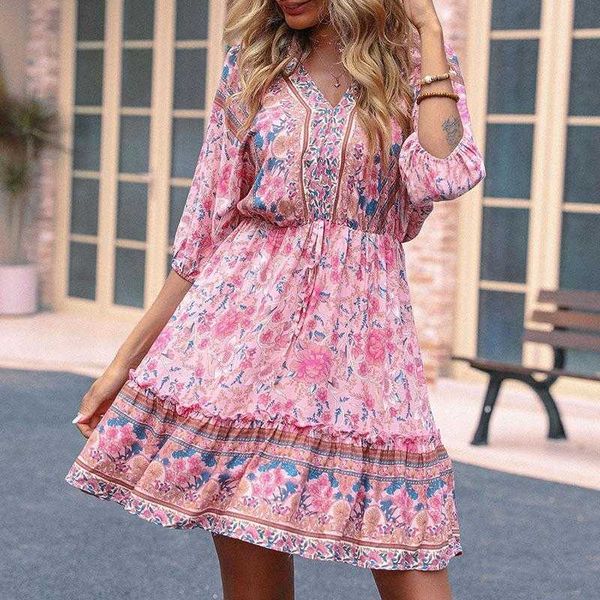 

summer vacation style womens vintage dress print loose pink, Black;gray