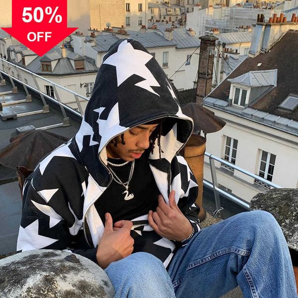 

men's hoodies sweatshirts y2k men fashion star print zip up long sleeve oversized hoodie gothic grunge jacket harajuku streetwear s to, Black
