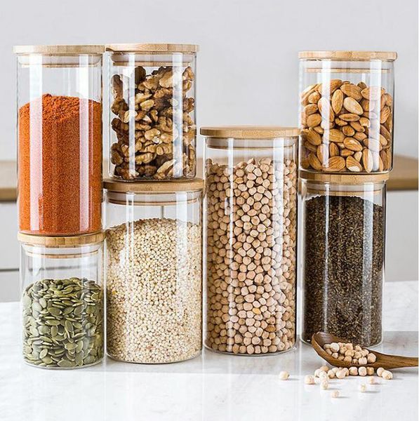 Wood Jars Lid Glass Airtight Canister Kitchen Storage Bottles Jar Sealed Food Container Tea Coffee Beans Grains Jars Orgnizer
