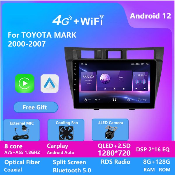 

android 13 video carplay auto for toyota mark 2000-2007 car radio multimedia video player navigation gps stereo 360 camera