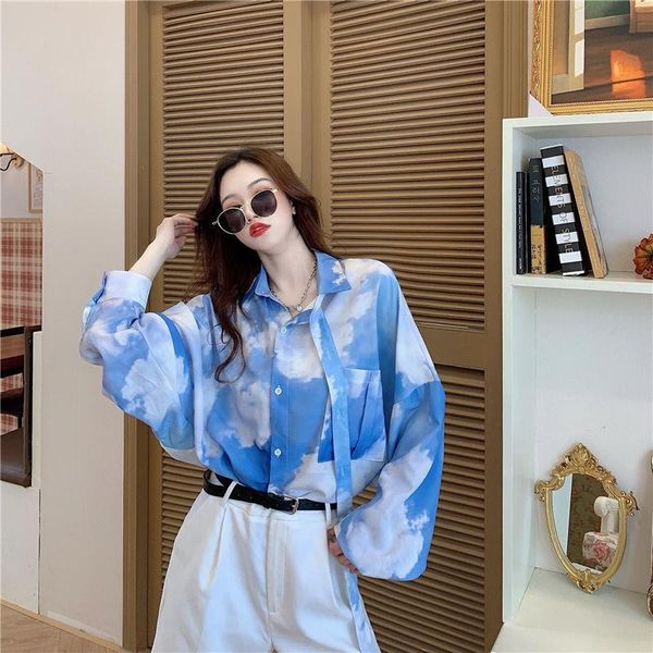 

shirts xej summer women's shirts 2022 korean chiffon spring and autumn loose beach longsleeved shirt blue sky and white cloud shirt