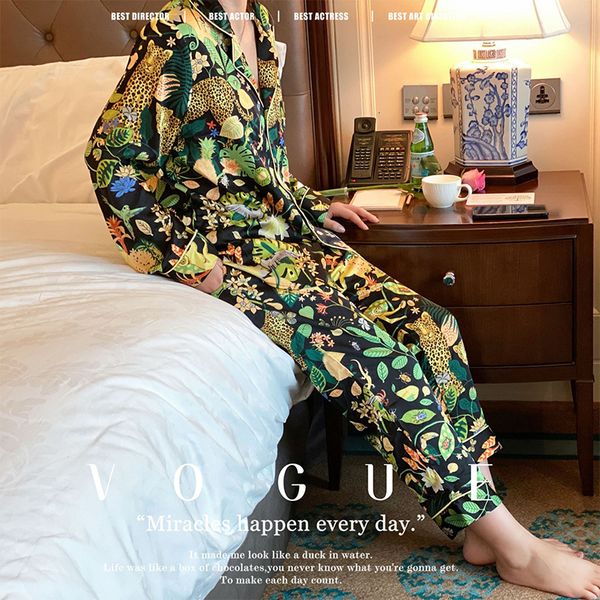 

womens sleepwear green pajama set vintage print fashion ladies satin pijama long sleeve spring autumn luxury silk for female 230414, Black;red