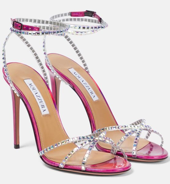 

luxury brand aquazzura dance pvc leather sandals shoes women crystal-embellished crossover straps high heels lady sandalias party wedding dr, Black