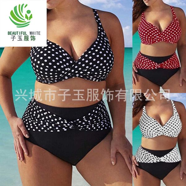 

women's 2023 bikini split wave dot print large swimwear plaid mid waist, Black