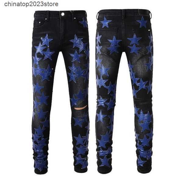 

men's jeans mens for guys rip slim fit skinny man pants orange star patches wearing biker denim stretch cult motorcycle trendy long str, Blue