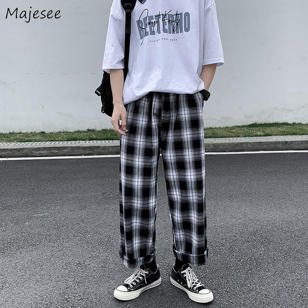 

pants men casual pants plaid ankle length loose wide leg allmatch elastic waist fashion trousers streetwear harajuku korean retro ins, Black
