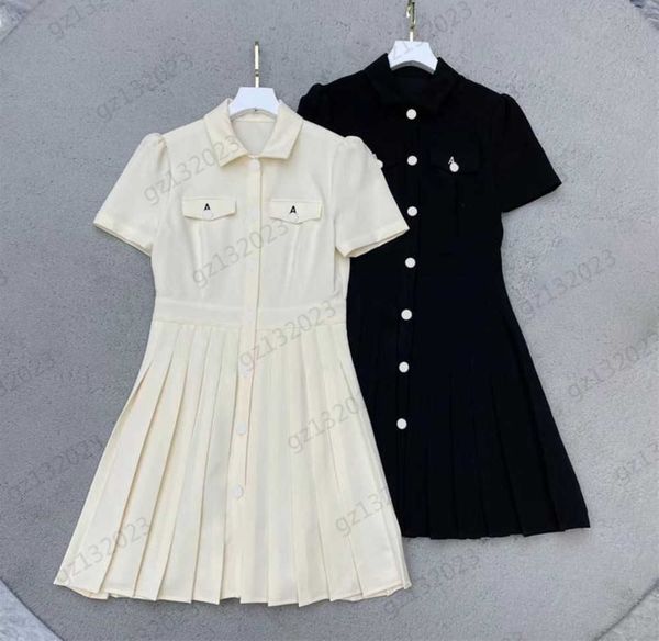 

women dresses brand letter embroidery custom button open slim dress lapel bubble short sleeve hemline pleated maxiskit womens designer cloth, Black;gray
