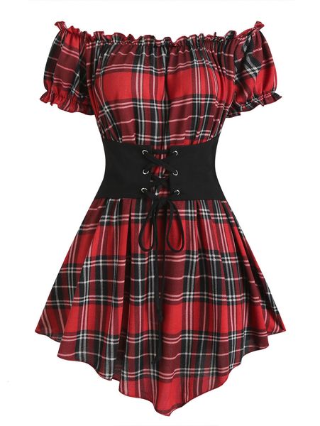 

women's t-shirt fashion croset style off the shoulder corset waist plaid women fashion hide tummy short sleeve tee for summer 230414, White