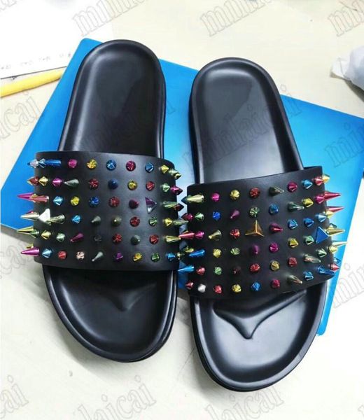 

designer mens slippers pool fun spiked men's leather slide sandals red flatform mid-sole studs slipper black wide straps stud donna thi