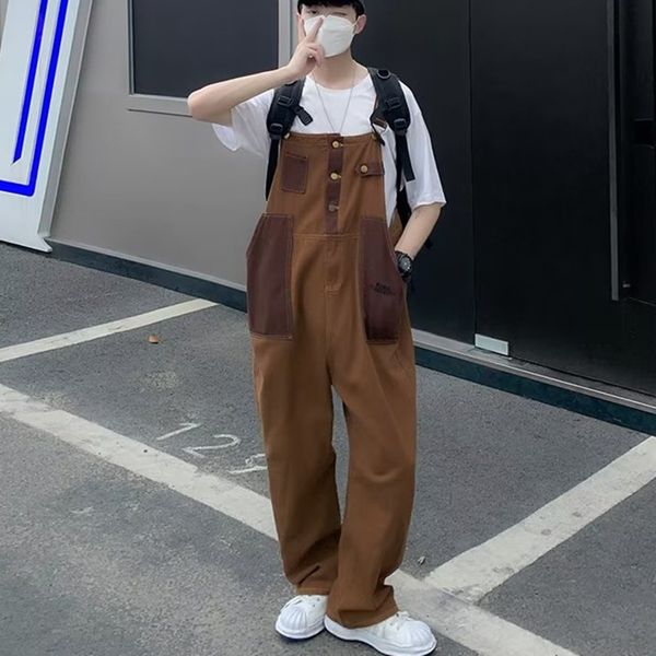 

men's pants 2023 summer men bib solid color casual jumpsuit streetwear joggers multi pockets fashion suspenders cargo overalls 230414, Black