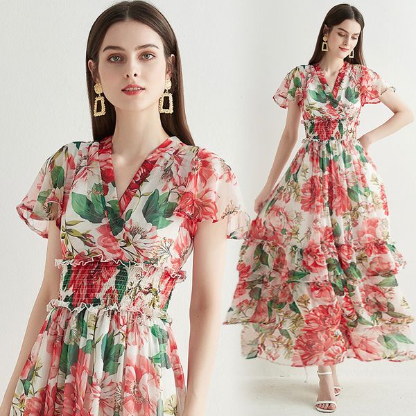 

casual dresses fashion runway women layered ruffles long dress summer v neck flower print chiffon high elastic waist boho holiday beach dres, Black;gray