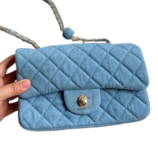 

saddle bag luxurys handbags denim blue mini flap crossbody shoulder bag with beads chain strap handbag for women
