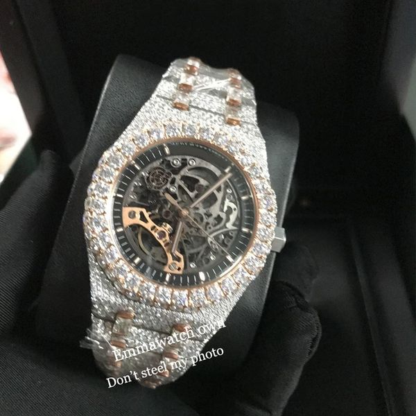 

2023 new moissanite stones skeleton watch pass test mens rose&silver 2 tone vvs diamonds shiny watches automatic eta luxury full iced out em, Slivery;brown