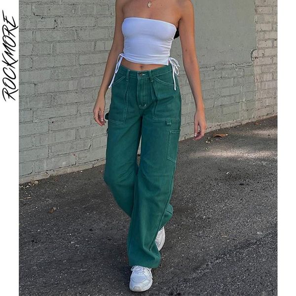 

jeans rockmore green vintage cargo jeans women cotton baggy straight pants streetwear pockets high waist wide leg denim trousers 2021, Blue
