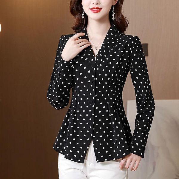 

shirts women spring autumn print dots shirts puff sleeve fashion temperament vneck slim blouses blusas mm1218, White