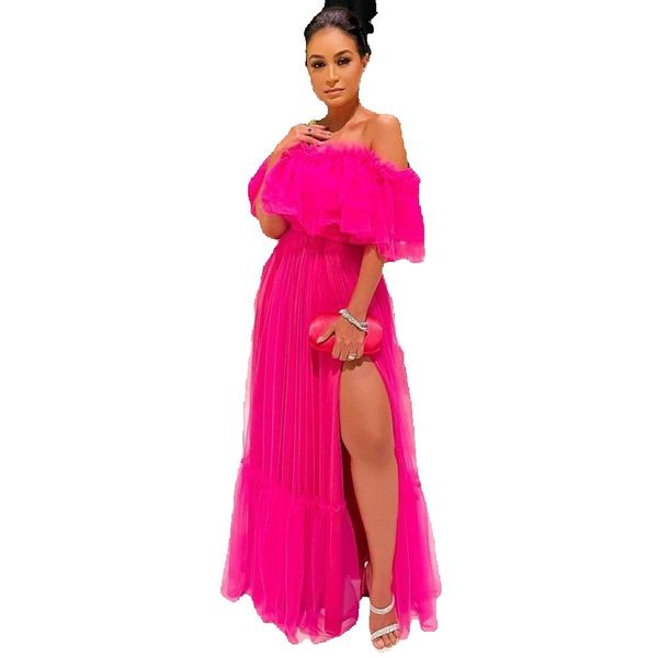 

fuchsia soft tulle prom dresses a line 2023 off the shoulder high slit side formal evening party gowns, Black