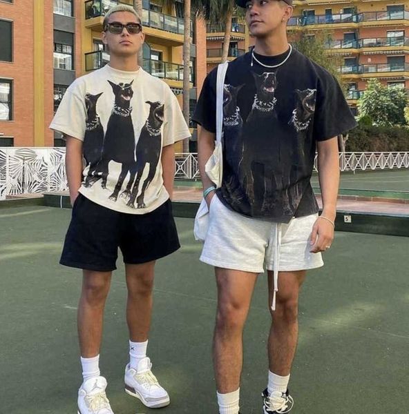 

designer fashion t shirt 21fw hound doberman print washed old vintage antique short sleeve casual summer loose, White;black