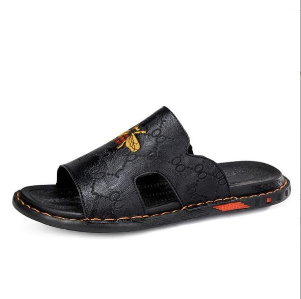 

men's leather sandals classic summer slippers soft original sandals real leather slippers men roman outdoor leather slides big size eu4, Black