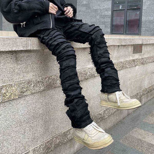 

hole industry heavy frayed destruction waxed jeans mens high street retro straight ripped pencil pants oversize denim trousers t220803, Blue