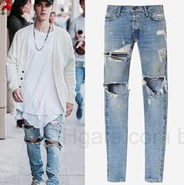 

blue mens distressed denim jeans fashion street slim long trousers pants mens hip hop ripped holes jeans