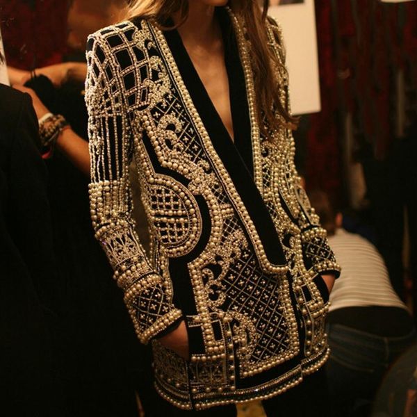 

jackets 2022 beading design jacket women long sleeve vneck vintage black silver autumn jackets outwear overcoat new fashion pearl coat, Black;brown
