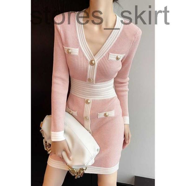 

casual dresses designercasual dresses designer 2023 autumn/winter contrast v-neck long sleeve slim fit mid length wrap hip knit f2oe, Black;gray