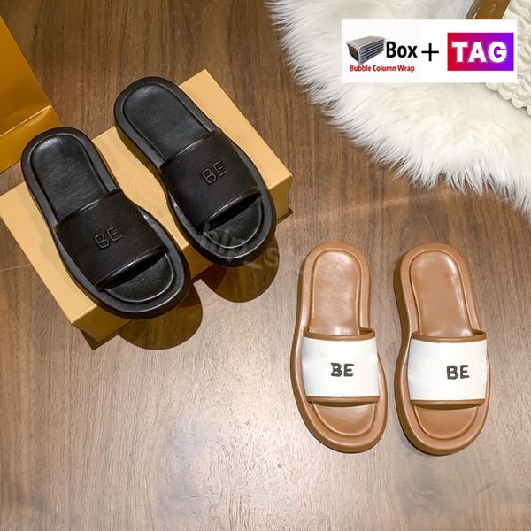 

with box fashion slippers womens embroidered canvas leather sandals platform slides rubber luxury designer moccasins casual lady shoes size, Black
