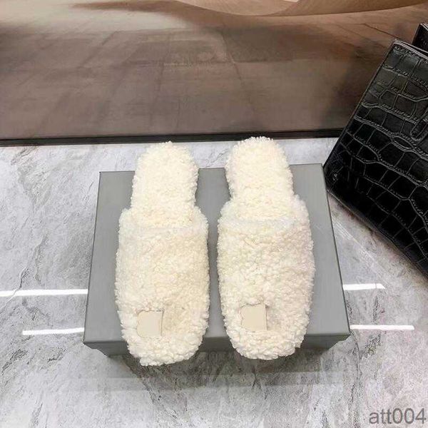 

winter flat bottom slippers lamb wool letter womens solid color flip flops fur fluffy warm comfortable outdoor half slipper with origina bal, Black