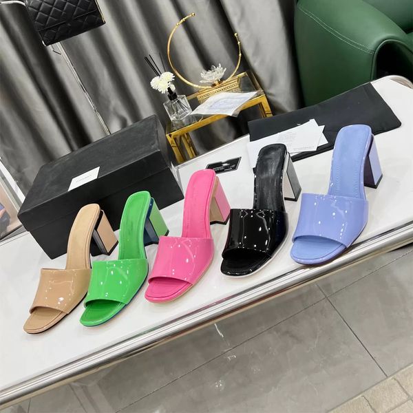 

patent calfskin high heel slipper luxury designer slippers candy color solid color fashion thick heels 8 cm summer sandals large size 35-43, Black