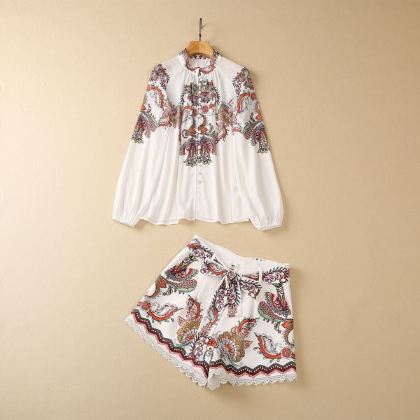 

two piece dress european and american women's clothes 2023 spring new long-sleeved vintage printed shirt belt shorts fashion suit, White