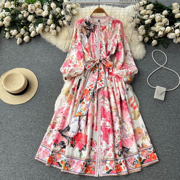 

casual dresses fashion runway spring gorgeous long dress 2023 women's o-neck long puff sleeve flower print elegant belt vacation party, Black;gray