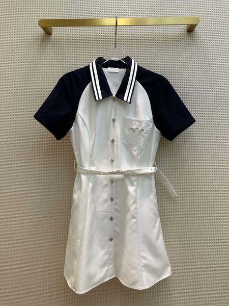

23ss women dress womens designer clothing summer dresses striped lapel color matching short-sleeved dress embroidery pocket send logo belt w, Black;gray