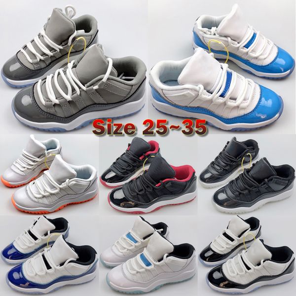 

jump mans 11 low kids basketball shoes 11s leather designer unc legend blue cool grey concord bred boys girls baby sports sneakers size 25-3, Black