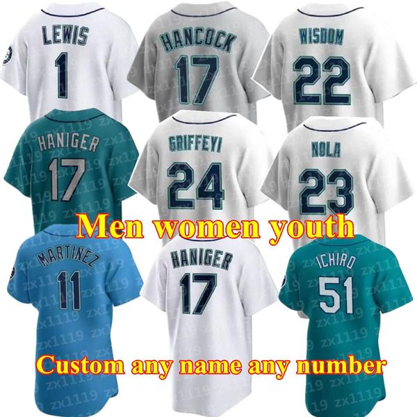 

men women youth ken griffey jr. seattle baseball jerseys 17 mitch haniger seattle kyle seager 23 ty france luis torrens jarred kelenic marin, Blue;black