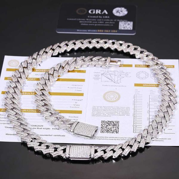 

fashion iced out jewelry 14mm gold plated 925 sterling silver baguette vvs moissanite diamond cuban link chain necklace