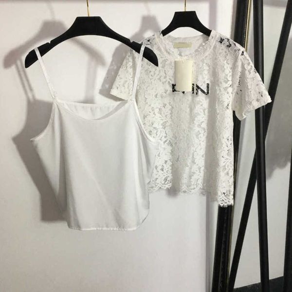 

23ss womens designer clothing womens t-shirt suits logo print water-soluble floral lace hollowed out short sleeve t-shirt suspender two-piec, White