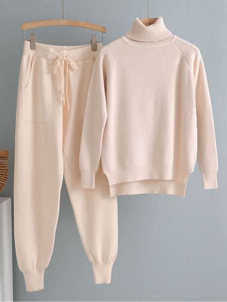 

women's two piece pants 2 pieces set women knitted tracksuit turtleneck sweater carrot jogging pants pullover sweater set chic knitted, White