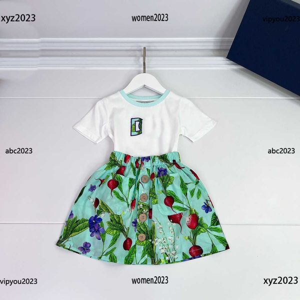 

luxury tracksuits kids suits fresh logo design girls dress sets size 90-160 cm 2pcs t-shirt and single breasted decorative skirt, White