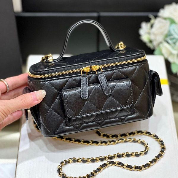 

designer lipstick bag luxury cosmetic bag genuine leather handbag 17cm high imitation shoulder bag with box zc122