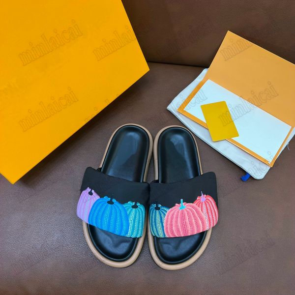 

2023ss yayoi kusama slippers colorful pumpkins print slides yk pool pillow flat comfort mule 1abd91 cacao brown printed monograms nylon sand, Black