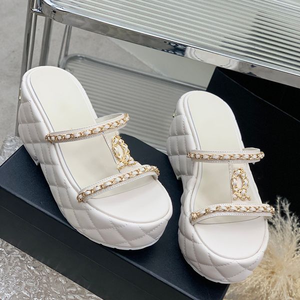 

designer womens platform sandals high heels 7.5cm leather hardware metal pearl chain alphabet decoration heightening slippers beach shoes we, Black